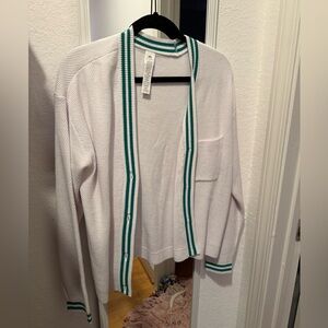 ALO Yoga White Open-Front Cardigan with Teal Trim